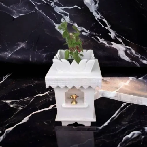 Elegant White Marble Lotus Tulsi Pot