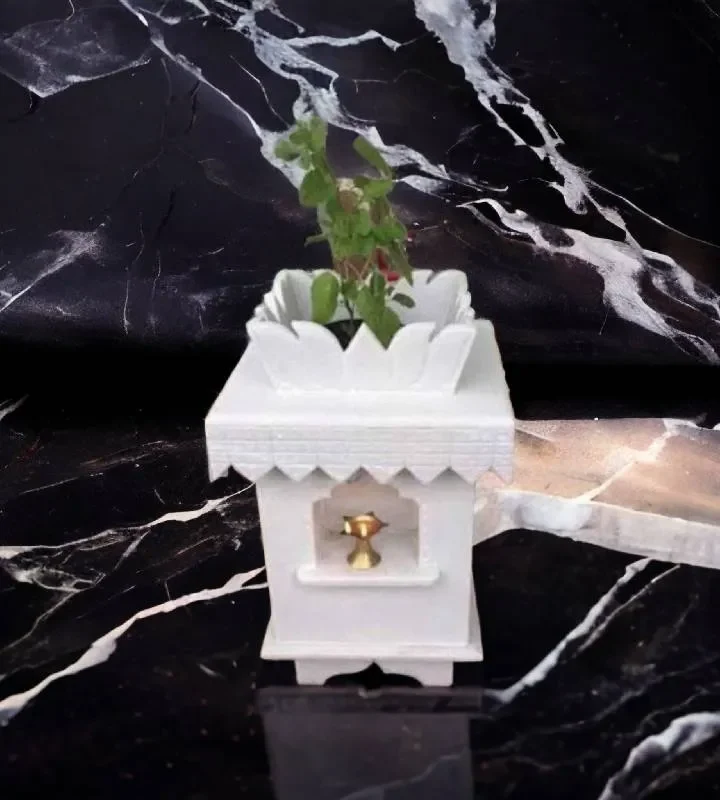 Elegant White Marble Lotus Tulsi Pot