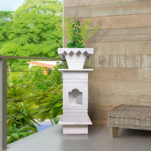 Elegant Polished White Marble Tulsi Pot