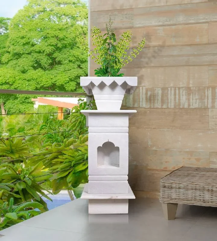 Elegant Polished White Marble Tulsi Pot