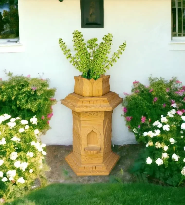Teakwood Stone Tulsi Pot