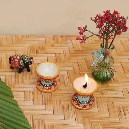 Handmade Multicolor Marble Diya for Pooja - Image 3