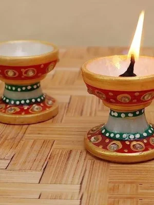 Handmade Multicolor Marble Diya for Pooja